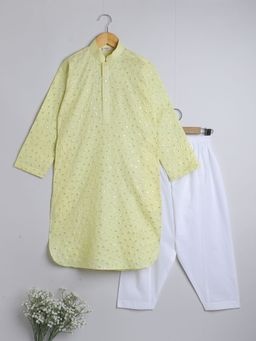 Little Clothings - Embroidery Kurta Tiki Work Collar Neck Paired With A Pyjama Yellow (Set of 2)
